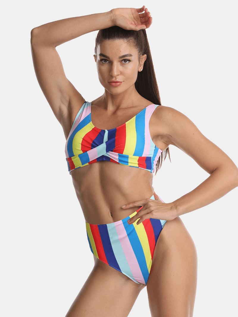 Kvinder Multicolor Stripe Fold Plisseret Brede Stropper Højtaljede Bikinier Badedragt