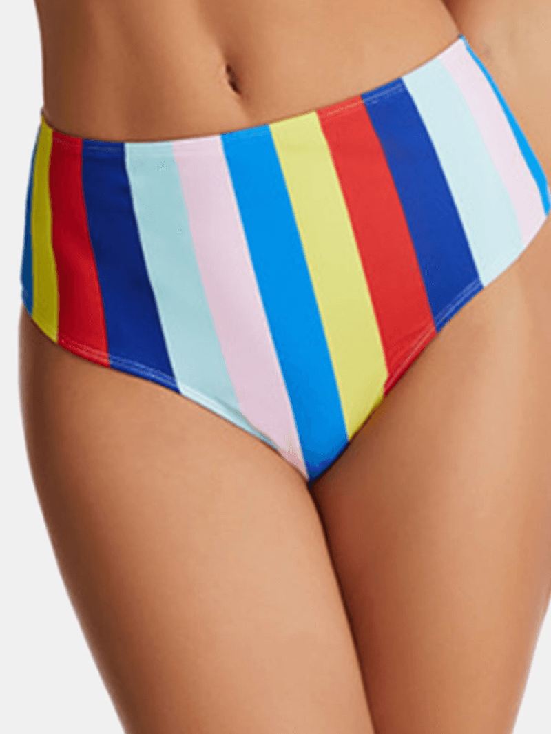 Kvinder Multicolor Stripe Fold Plisseret Brede Stropper Højtaljede Bikinier Badedragt