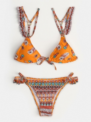 Kvinder Retro Med Tryk Bikini Flæsede Stropper String Triangle Backless Badetøj