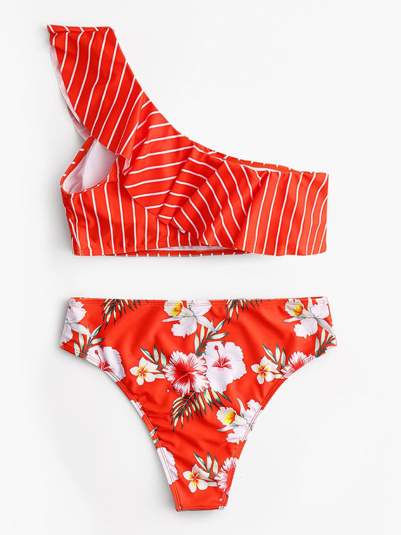 Kvinder En Skulder Flæser Trim Bikini Rygfri Badedragt