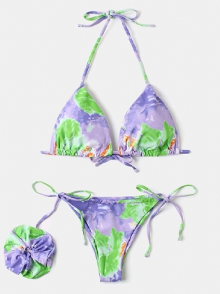 Kvinder Tie Dye Trekant Halter String Micro Bikinis Backles Beachwear Med Håndring