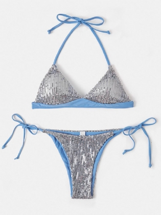 Kvinder Trekant Halter Sequ Solid Color Backless Bikini String Beachwear