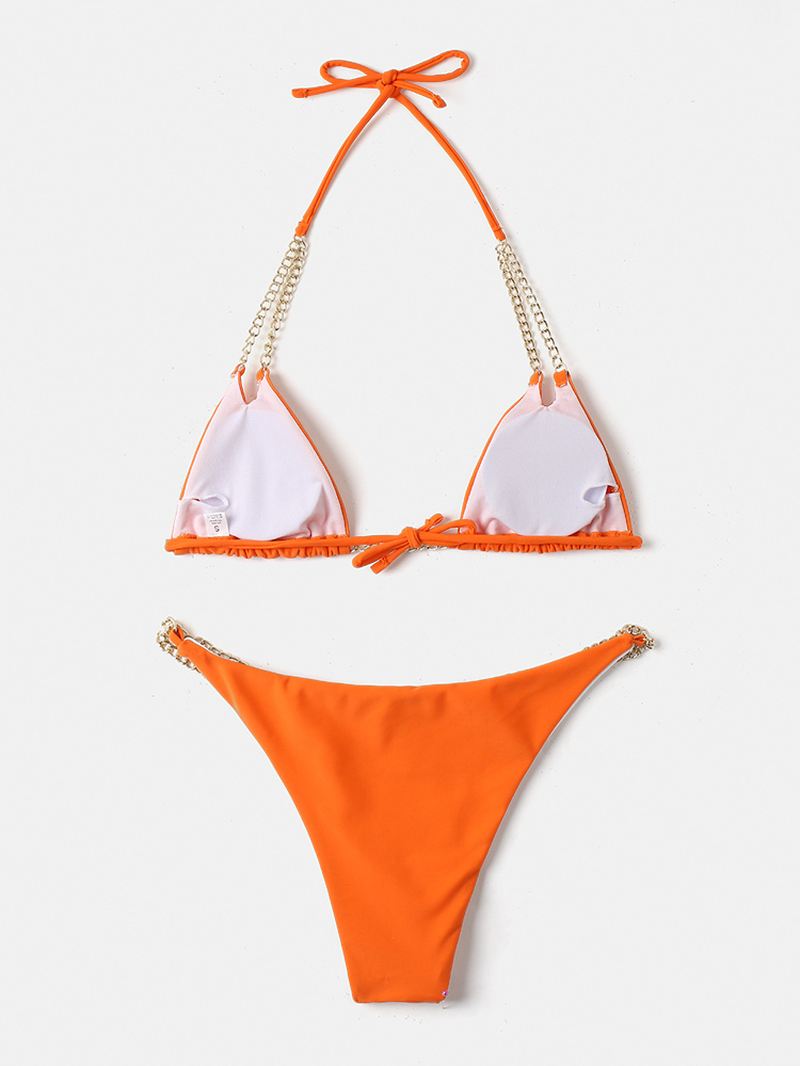 Kvinder Trekant Halter String Ensfarvet Kæde Bikini Rygløst Badetøj