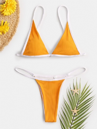 Kvinder Trekant Rib Ensfarvet Thong Bikini Rygløst Badetøj