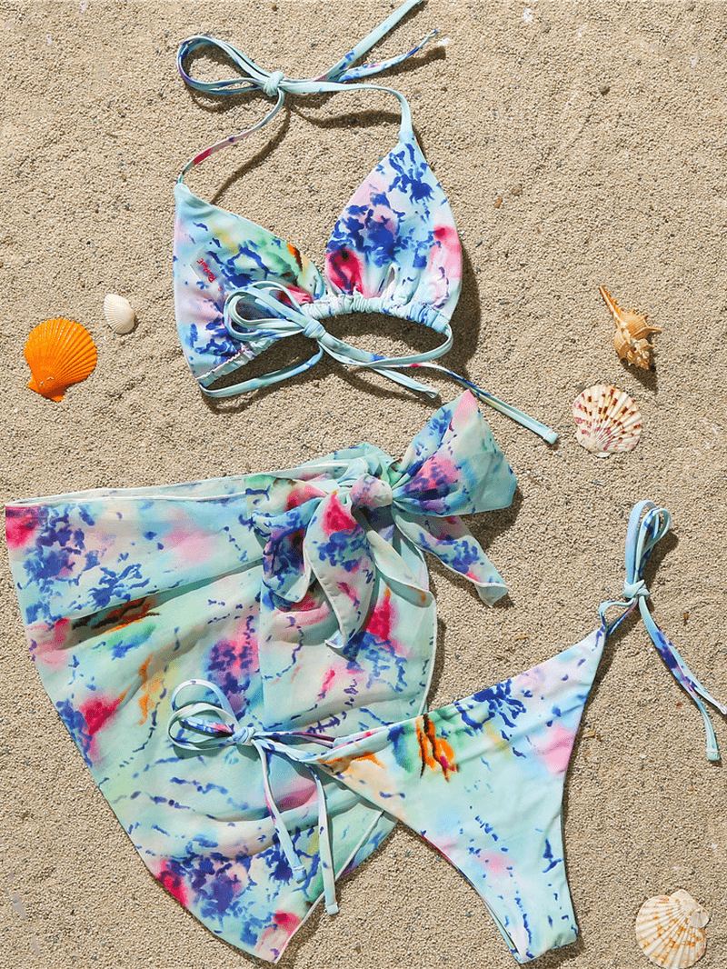 Kvinder Triangle Tie Dye Med Tryk Trim Bikini Med Cover-up Nederdel Tre-delt Sæt