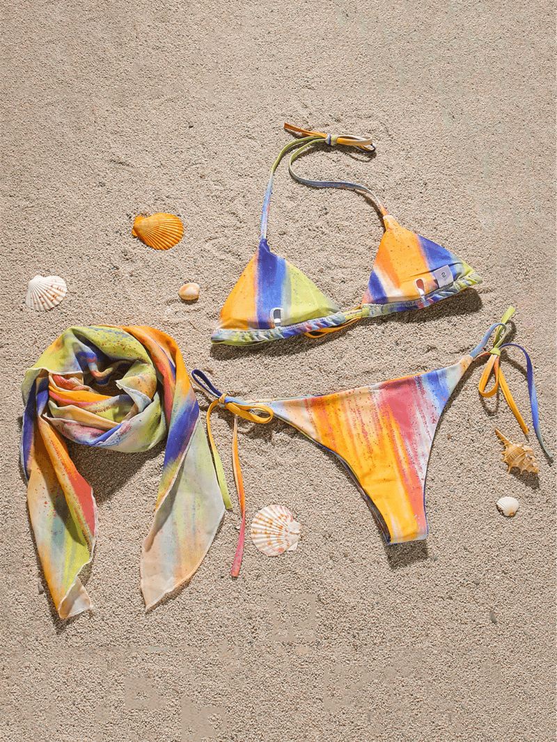 Kvinder Triangle Tie Dye Med Tryk Trim Bikini Med Cover-up Nederdel Tre-delt Sæt