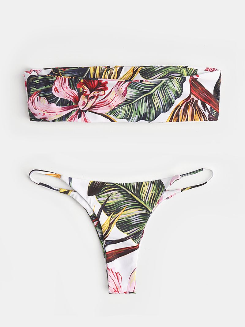Kvinder Tropical Med Tryk Bandeau Bikinithong Rygløs Badedragt