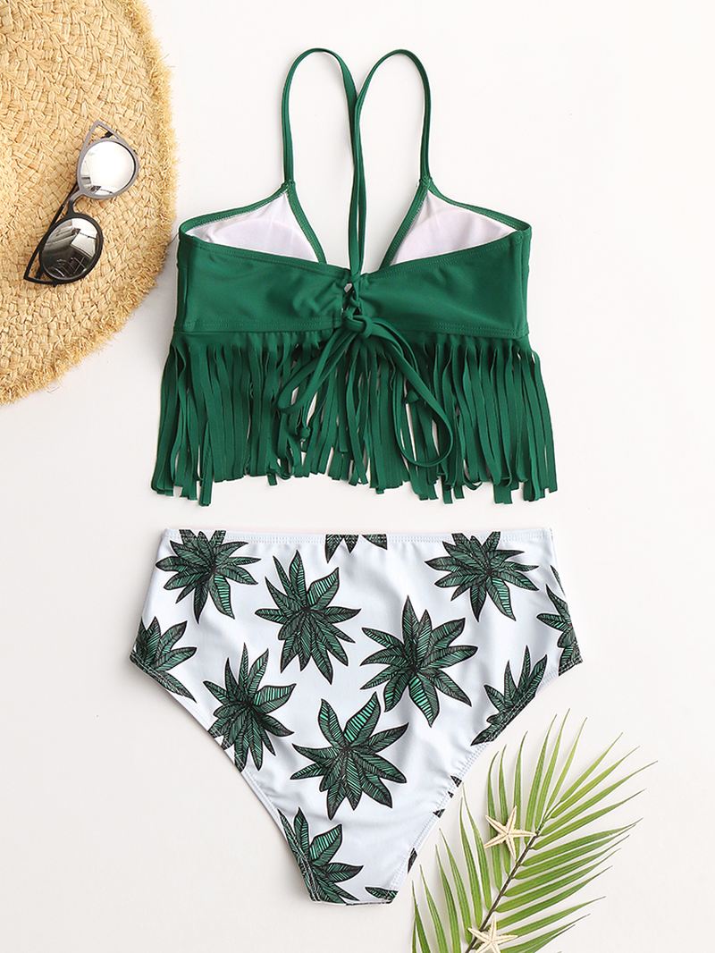 Kvinder Tropiske Plante Blade Udskriv Kvast Trim High Waist Bikini Bandage Hawaii Casual Badetøj