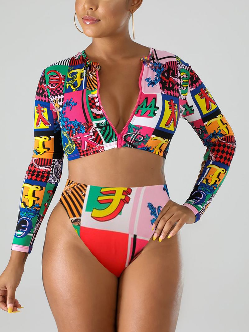 Kvinder Valutasymbol Med Tryk Lynlås Langærmet Crop Skinny Højtaljede Bikinier Badedragt
