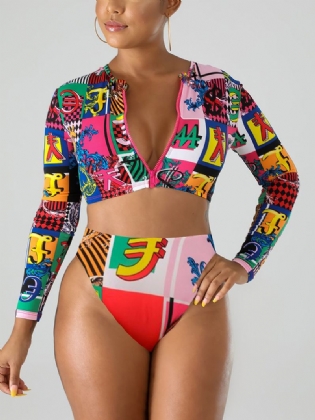 Kvinder Valutasymbol Med Tryk Lynlås Langærmet Crop Skinny Højtaljede Bikinier Badedragt