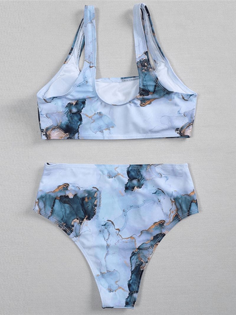 Marmorprint Højtaljet Brede Skulderstropper Strandbikini