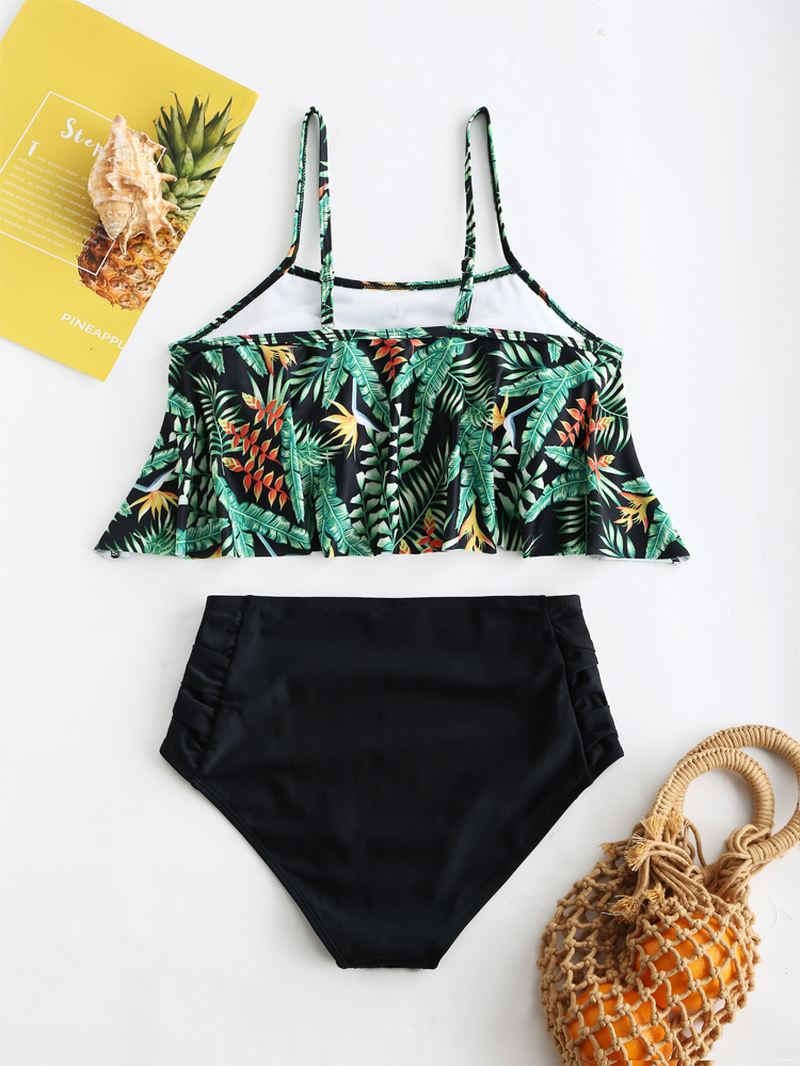 Plus Size High Waist Flora Printet Spaghetti Strap Rygfri Bikinier Badetøj