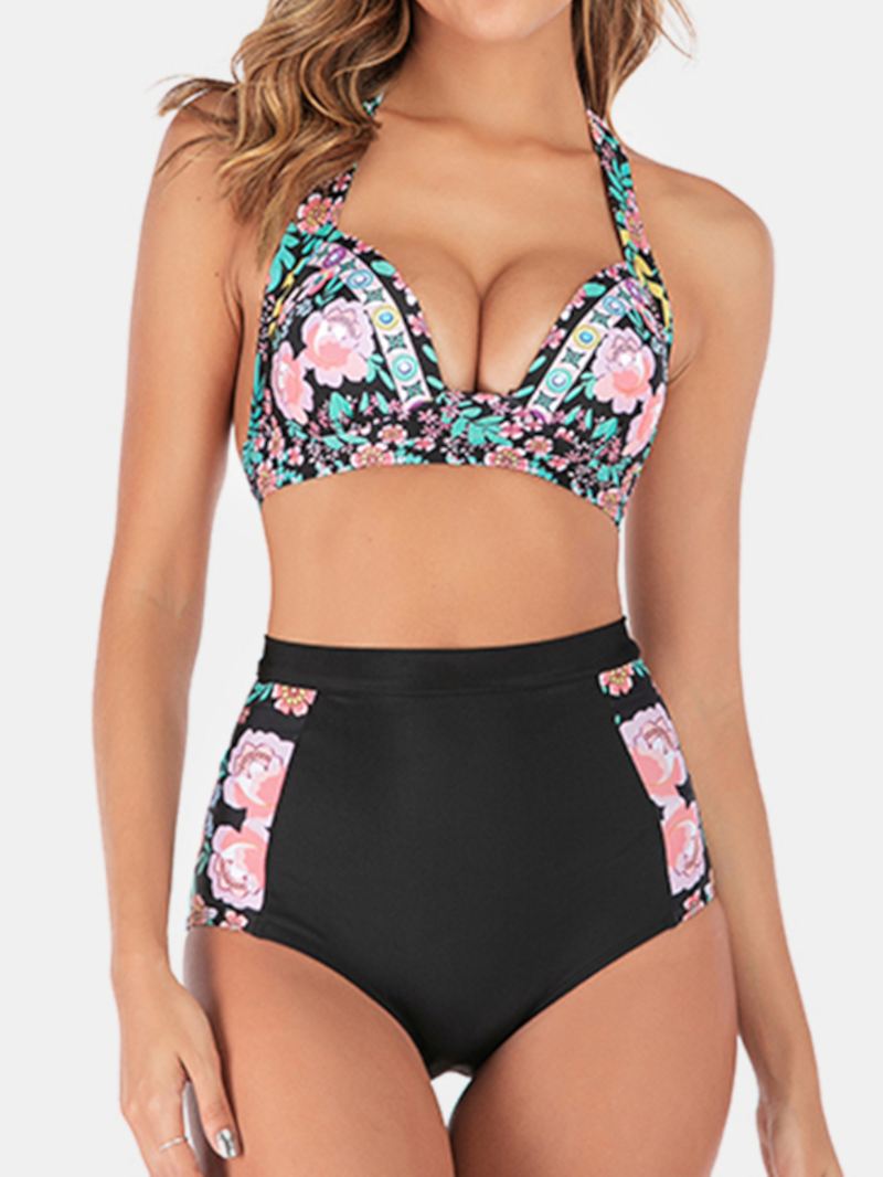 Plus Size Kvinder Floeal Med Tryk Patchwork High Waist Bikini Rygløst Badetøj