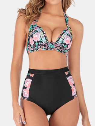 Plus Size Kvinder Floeal Med Tryk Patchwork High Waist Bikini Rygløst Badetøj