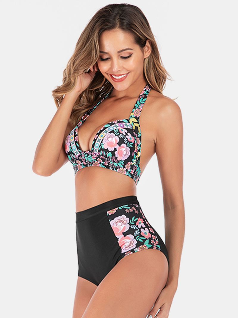 Plus Size Kvinder Floeal Med Tryk Patchwork High Waist Bikini Rygløst Badetøj