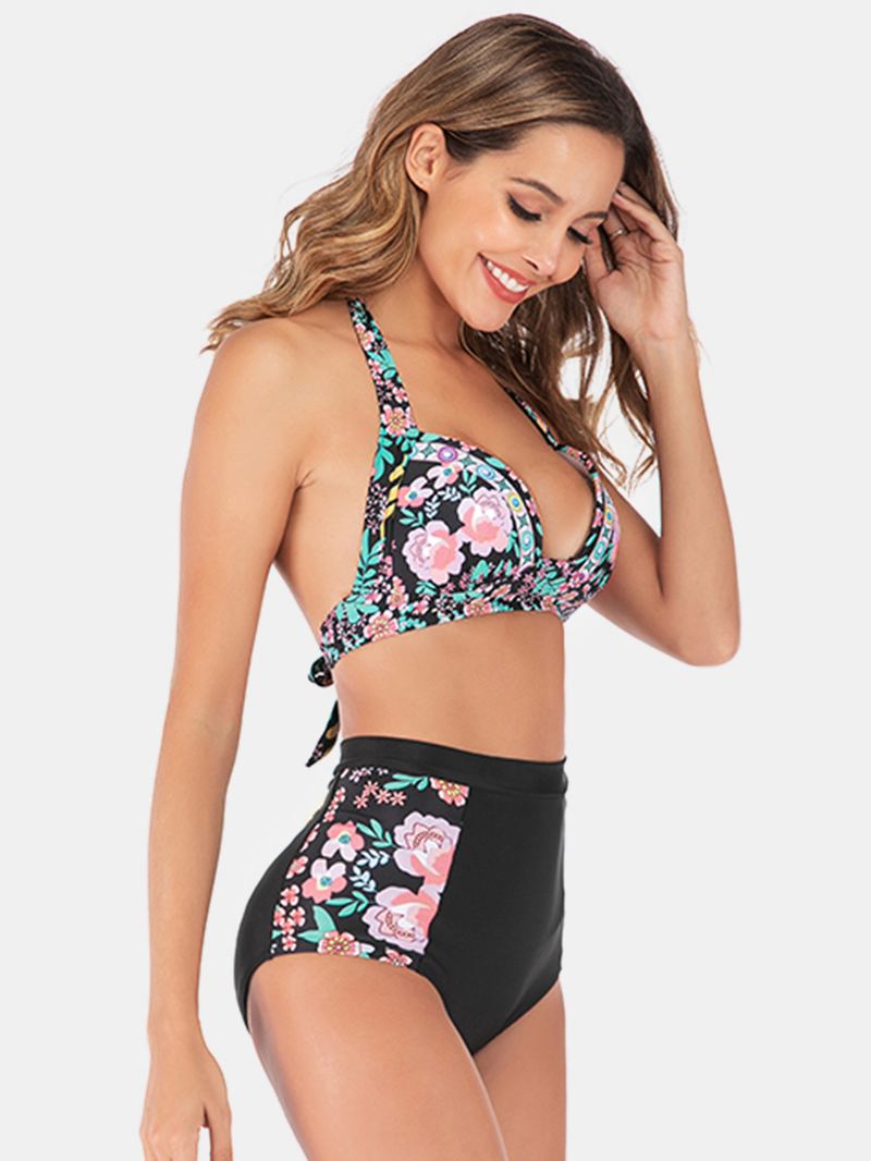 Plus Size Kvinder Floeal Med Tryk Patchwork High Waist Bikini Rygløst Badetøj