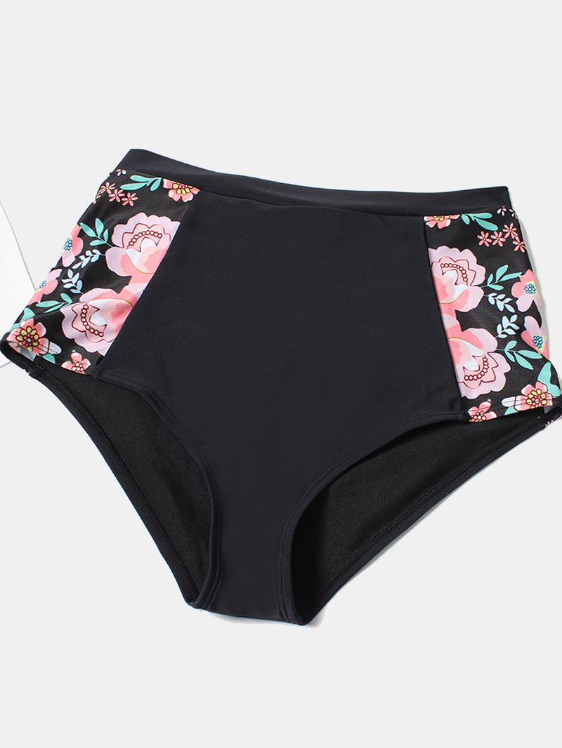Plus Size Kvinder Floeal Med Tryk Patchwork High Waist Bikini Rygløst Badetøj
