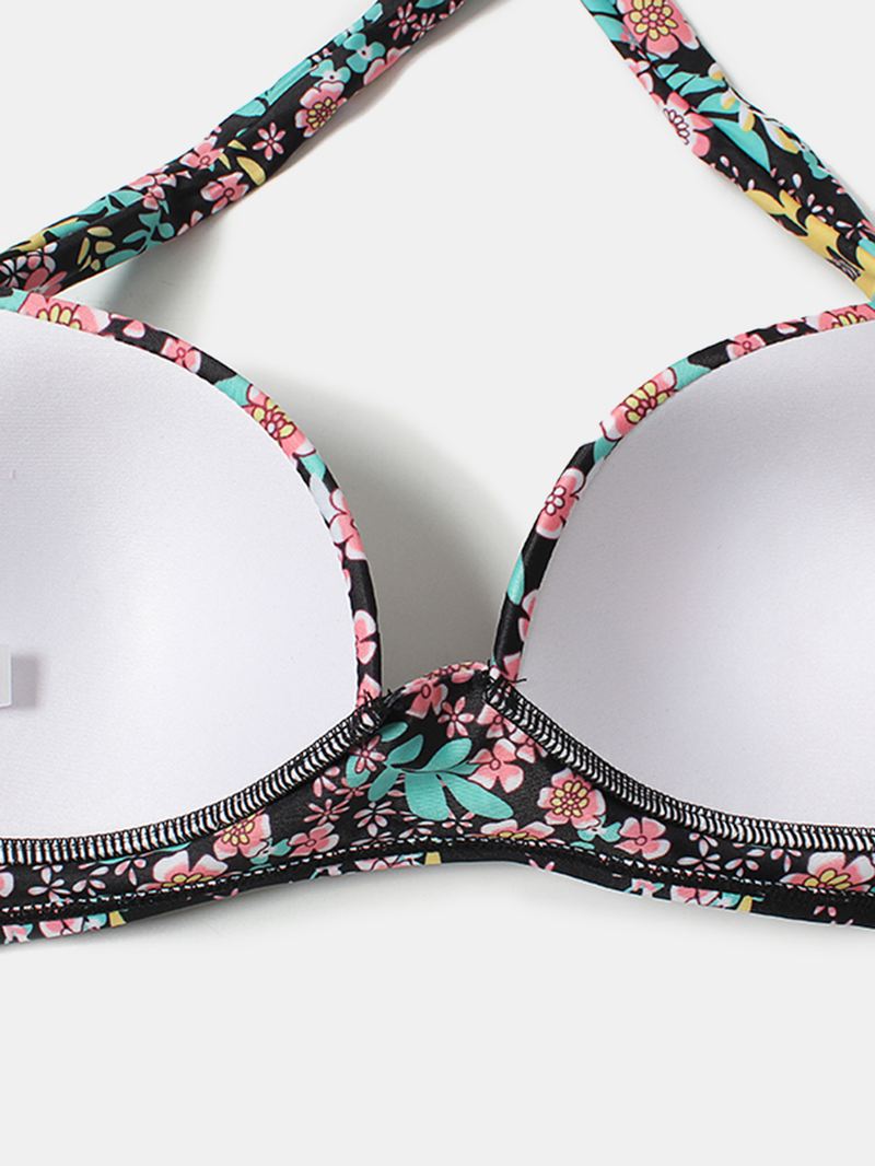 Plus Size Kvinder Floeal Med Tryk Patchwork High Waist Bikini Rygløst Badetøj