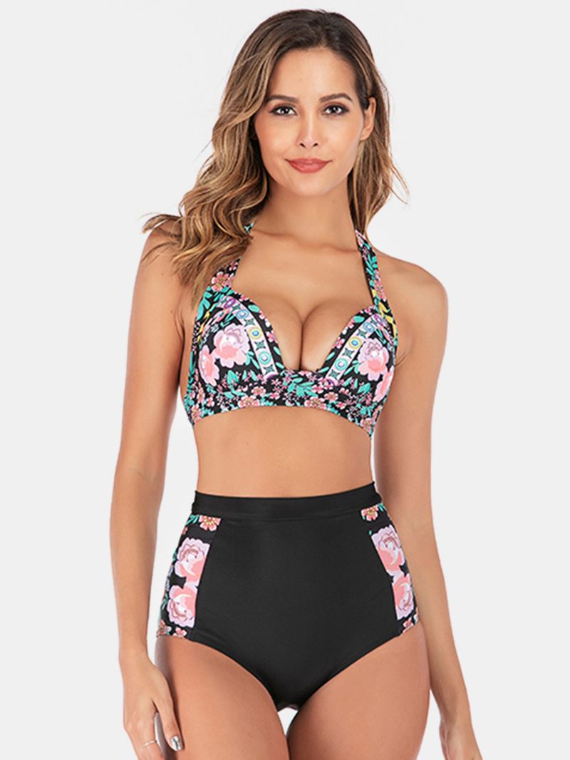 Plus Size Kvinder Floeal Med Tryk Patchwork High Waist Bikini Rygløst Badetøj