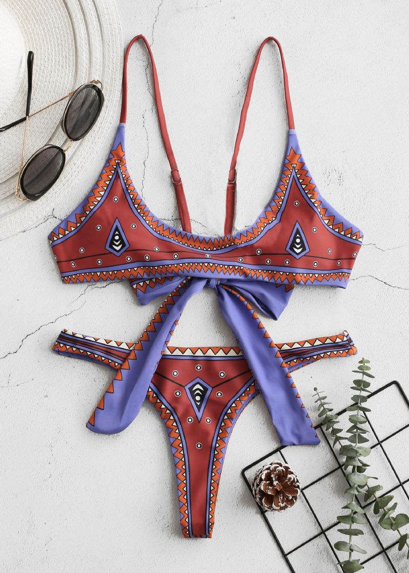 Spaghetti-stropper Snøre-up Toppe Med Thongs Bund Mini Bikini