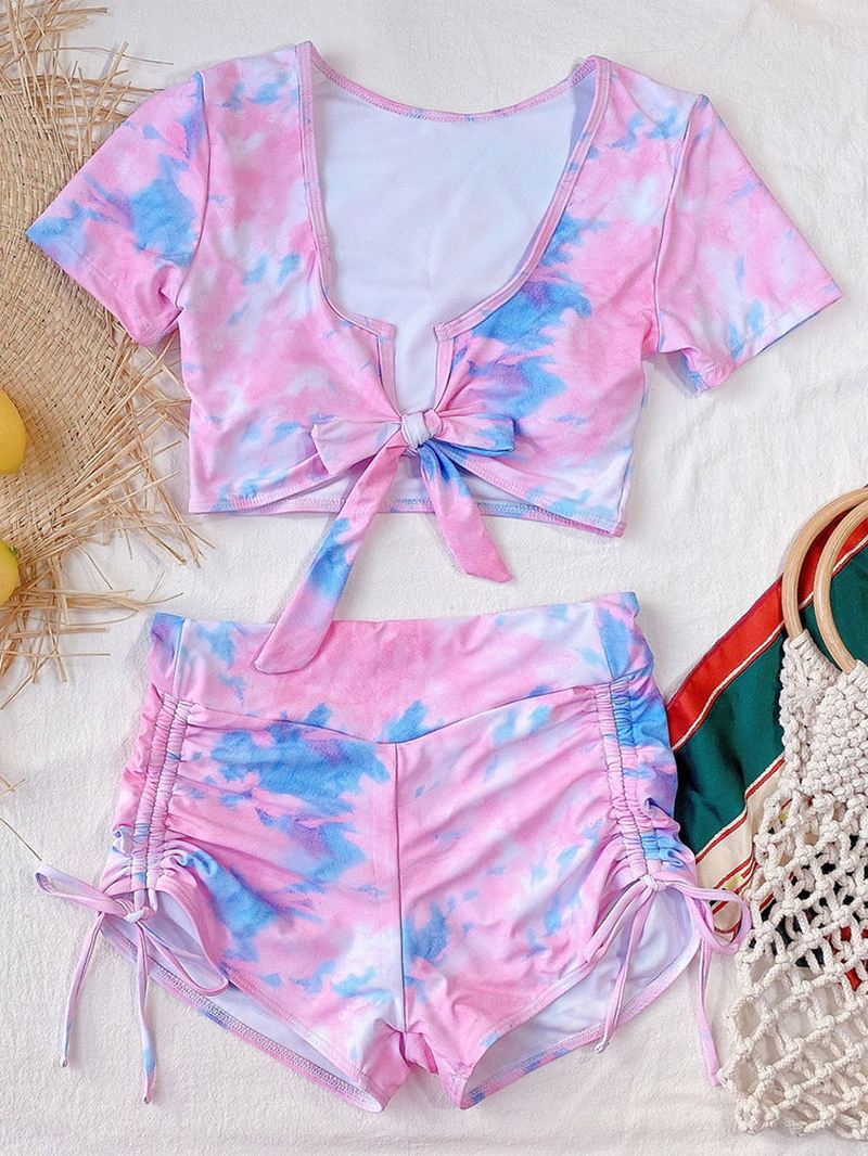 Tie Dye Kortærmede Knyttet Top Side Shorts Med Snoretræk Ferie Casual Højtalje Kvinder Bikini