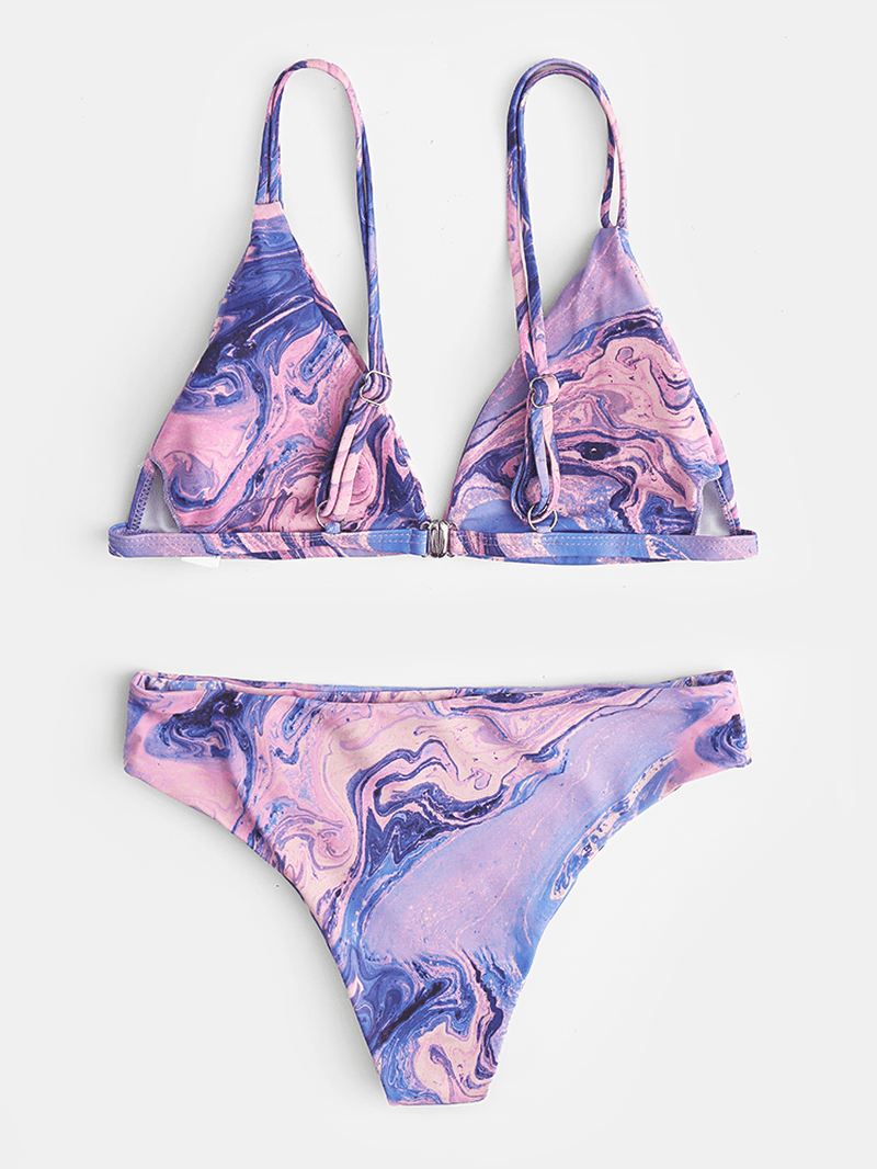Tie-dye Med Tryk Bikini Spaghetti Straps Rygfri Trekantet Badedragt Strandtøj