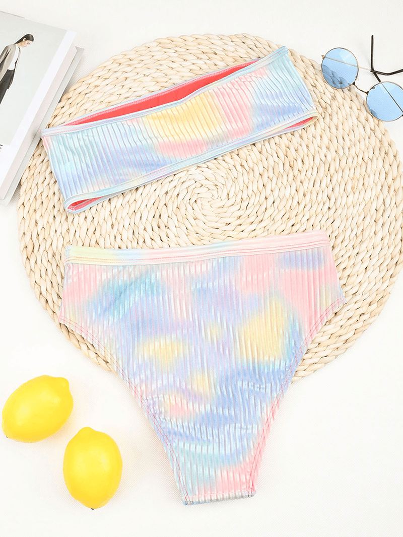 Tie Dye Med Tryk Ribbet Wireless Bandeau High Waist Bikini