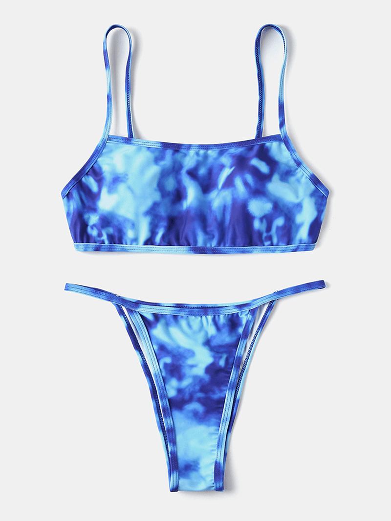 Tie Dye Med Tryk Thong Bikini Spaghetti Straps Rygløs Badedragt