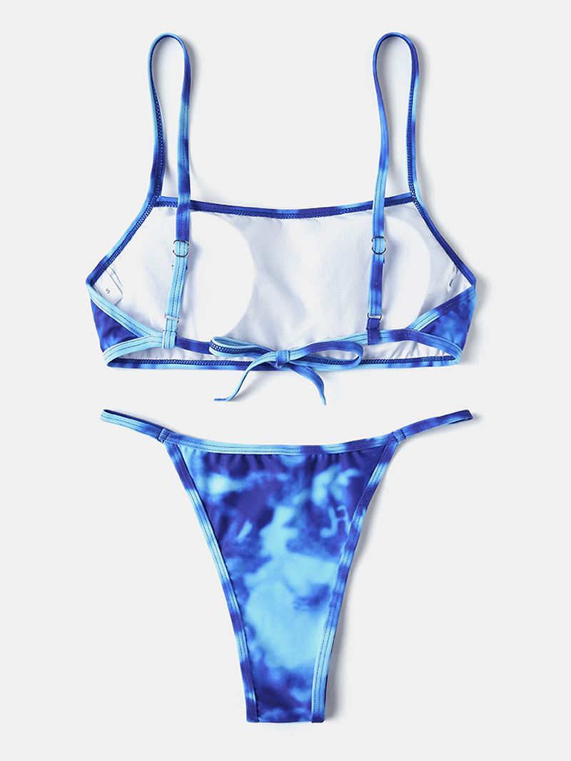 Tie Dye Med Tryk Thong Bikini Spaghetti Straps Rygløs Badedragt