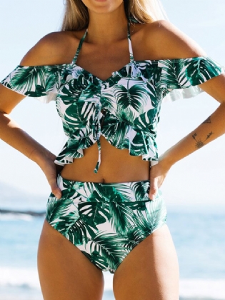 Tropical Leaf Med Tryk Halter Flæser Trim Snøre Højtalje Hawaii Bikini Til Kvinder