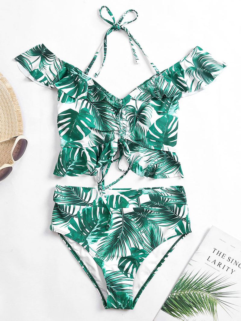 Tropical Leaf Med Tryk Halter Flæser Trim Snøre Højtalje Hawaii Bikini Til Kvinder