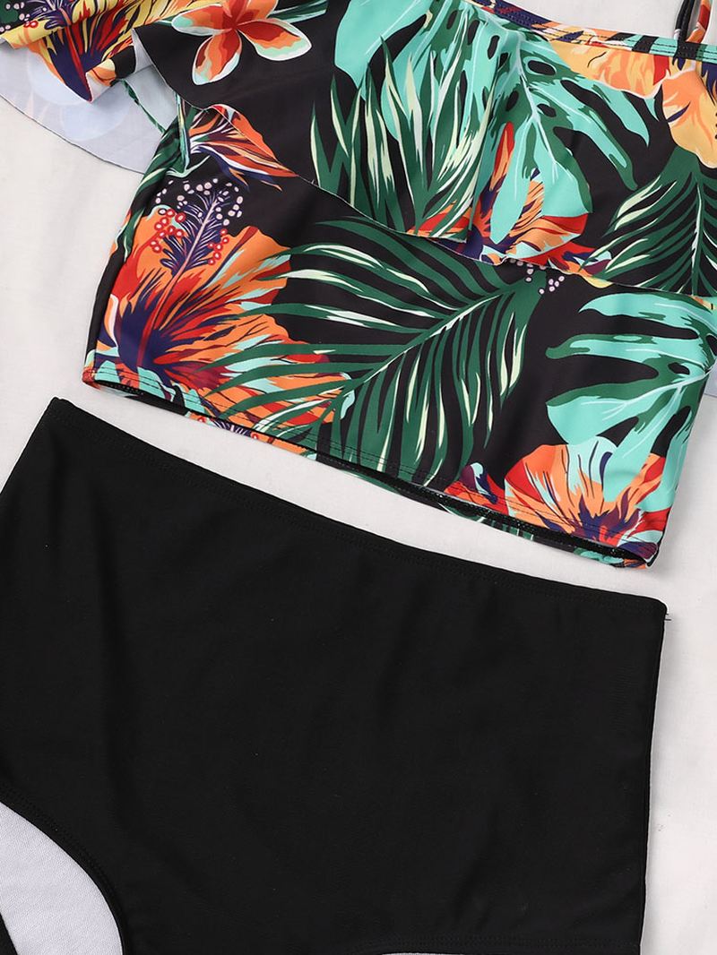 Tropical Plant Med Tryk Flæse Spaghetti Straps Højtaljede Bikinier Dame Badedragt