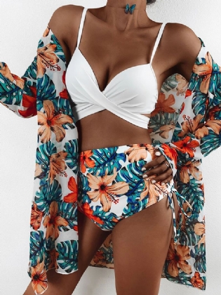 Tropical Plants Med Tryk Højtaljede Bikinier Badetøj I Tre Dele Med Cover Up
