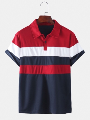 Herre Farve Blcok Kortærmet Halv Åben Turn Down Krave Casual Golf Shirt