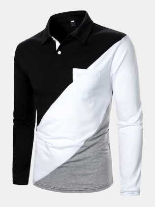 Herre Tricolor Patchwork Langærmede Golfskjorter Med Brystlomme