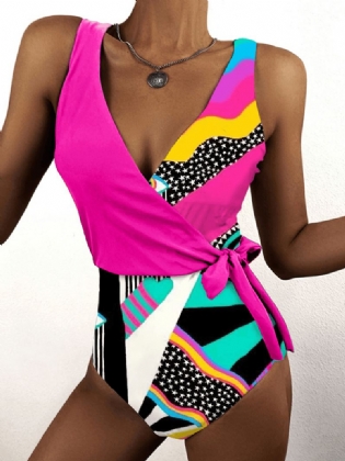 Abstrakt Med Tryk Wrap Tie Side Brede Stropper One Piece Slankende Kvinder Strand Badedragt