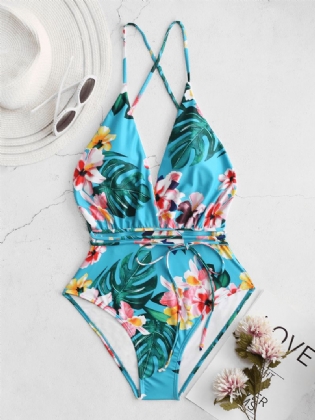 Dameflora Trykt Dybt Åbne Halsudskæringer Strappy Backless Badetøj
