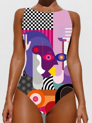 Farverig Abstrakt Figur Med Tryk Høj Hals Slankende One Piece Beach Kvinder Badetøj