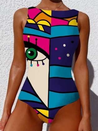 Graffiti Abstrakt Med Tryk Patchwork Højhalset Ærmeløs Slankende Badedragt Kvinder Bikini