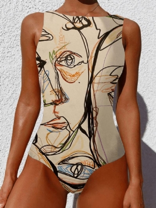 Graffiti Abstrakt Med Tryk Rund Hals One Piece Ærmeløs Slankende Badedragt Til Kvinder