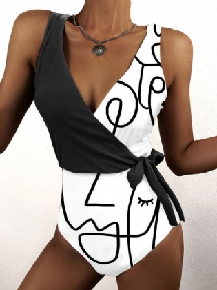 Graffititryk Patchwork Knyttet Ærmeløs Slankende Højhals Dame Badedragter One Piece