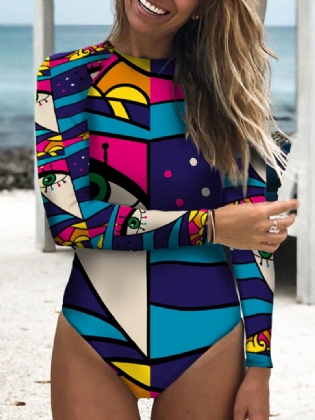 Kvinder Abstrakt Figur Med Tryk Tie Back Langærmet One Piece Beach Surfing Badetøj