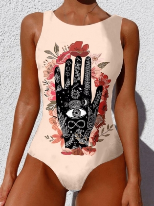 Kvinder Ærmeløse Blomsterhåndtryk Åben Ryg Brede Stropper One Piece Beach Badetøj