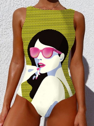 Kvinder Cool Pige Figur Mønster Ærmeløs Høj Hals One Piece Hawaii Badetøj