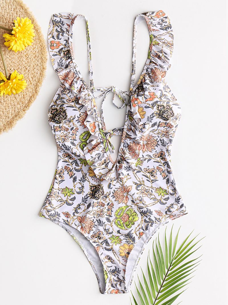 Kvinder Design Blomsterprint String Flæser Stropper One Piece Rygfri Badetøj