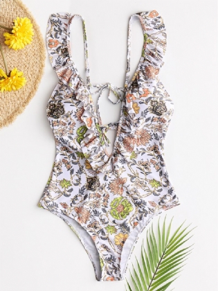 Kvinder Design Blomsterprint String Flæser Stropper One Piece Rygfri Badetøj