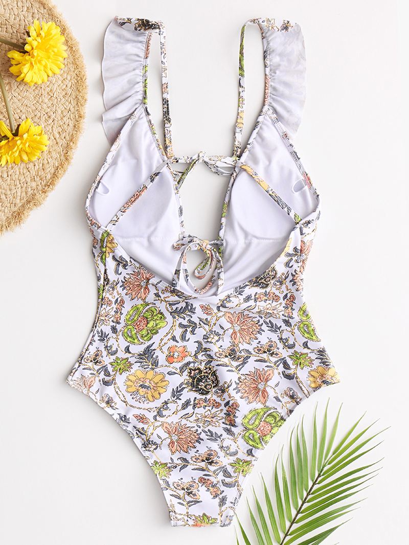 Kvinder Design Blomsterprint String Flæser Stropper One Piece Rygfri Badetøj