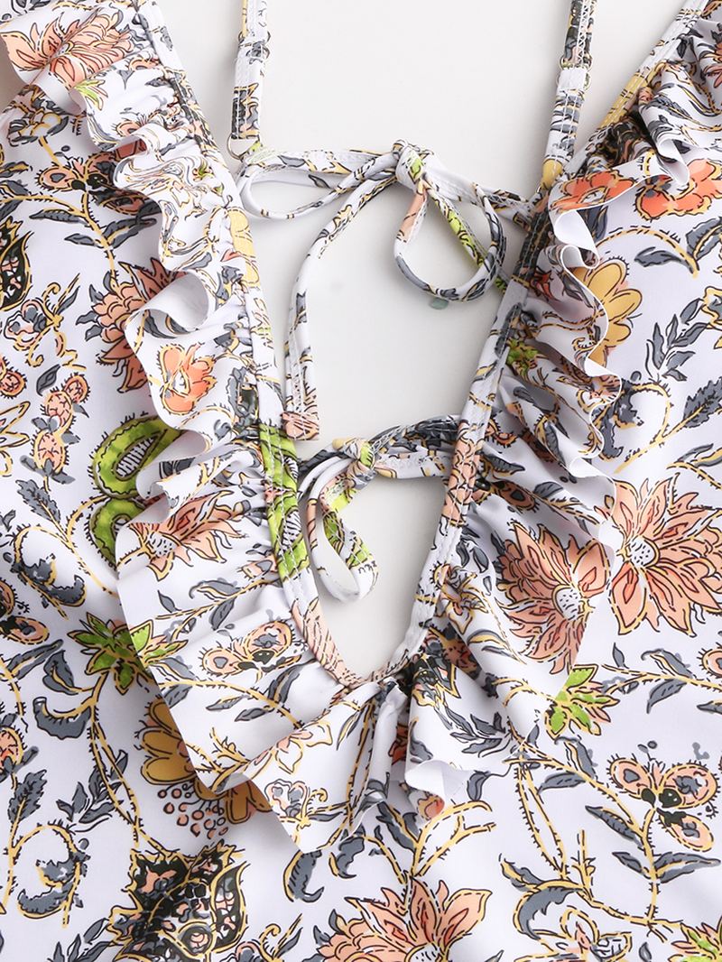 Kvinder Design Blomsterprint String Flæser Stropper One Piece Rygfri Badetøj