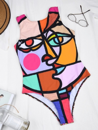 Kvinder Multi-color Abstrakt Figur Med Tryk Rygløs Ærmeløs One-piece Badetøj