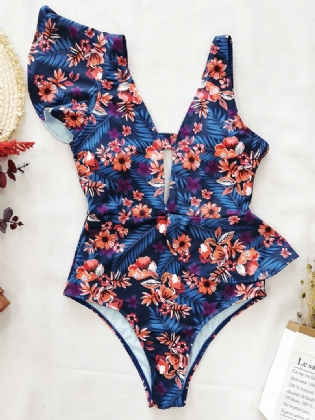 Kvinder Over Det Hele Blomsterprint Asymmetrisk Flæse Skulder Flæse One Piece Badedragt